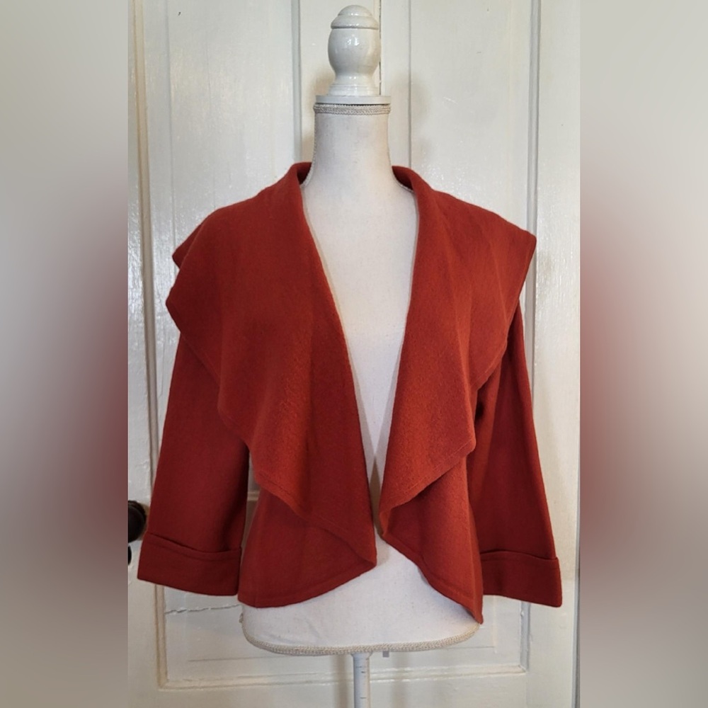 Chico’s Open-Front Shawl Collar Cardigan in “Razzie Red”